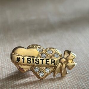 Vintage Avon #1 Sister Heart Ribbon Brooch Gold Tone Rhinestones Gift NIB